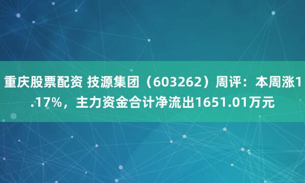 重庆股票配资 技源集团（603262）周评：本周涨1.17%，主力资金合计净流出1651.01万元